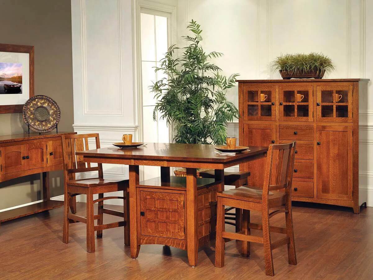 The Gilbert Mission Bar Set offers a twist on smaller dining sets with it's greater height.