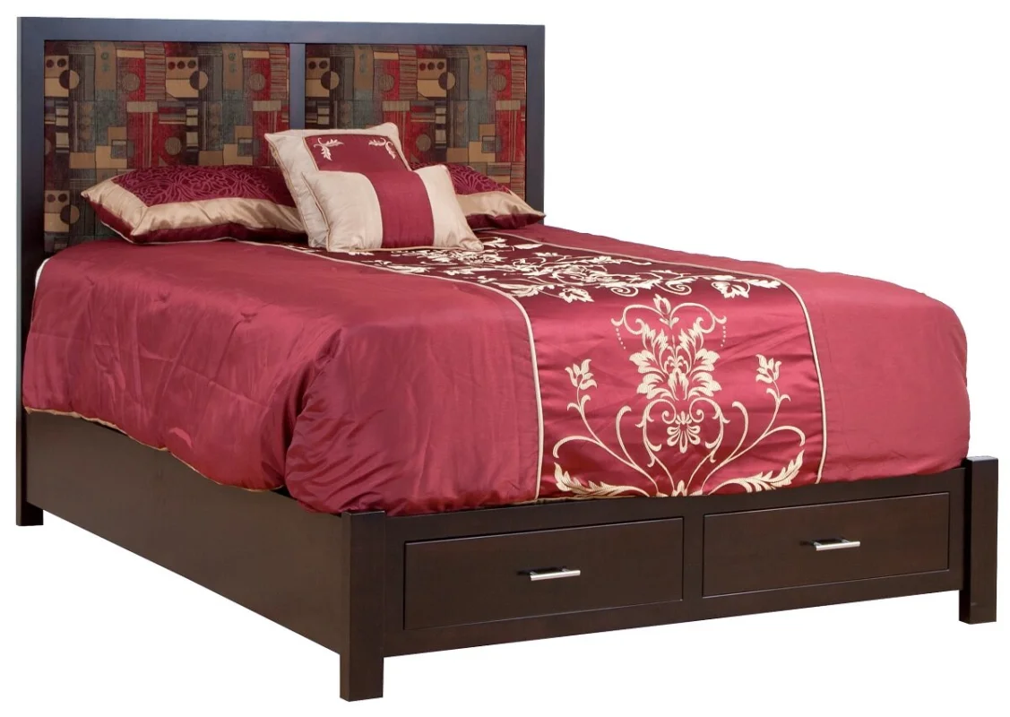 Kuna Upholstered Storage Bed Frame with fabric and dark brown maple