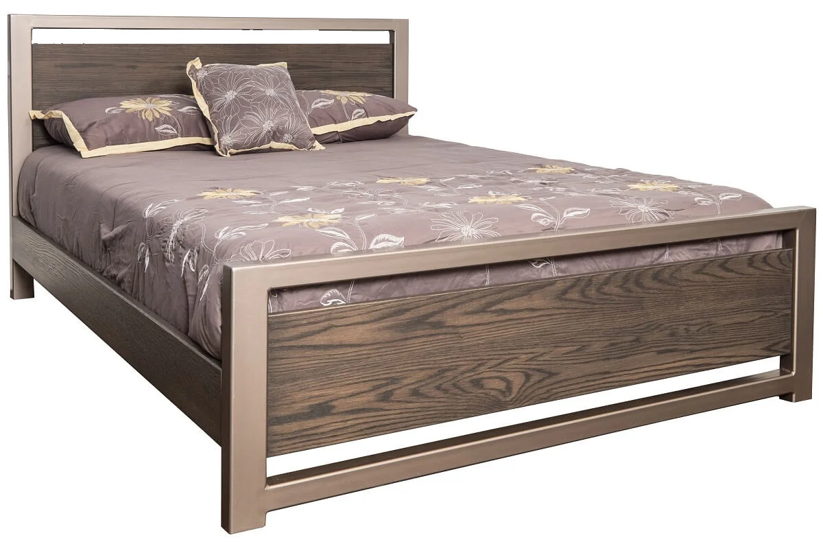 Piermont panel Bed With Pewter metal framing - photographed in Oak
